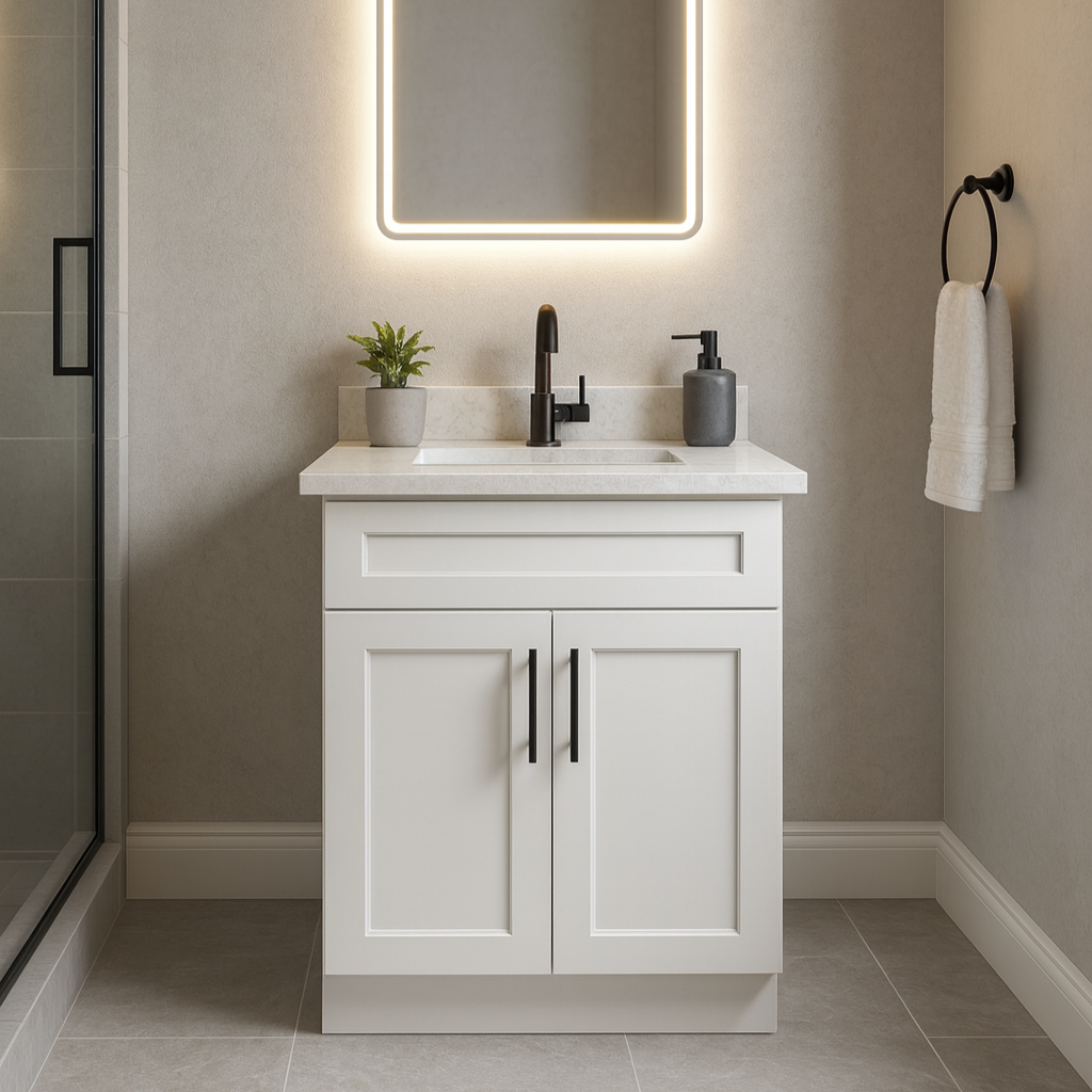 24-Inch Shaker Bathroom Vanity — White or Gray | Plywood Cabinet, Solid-Wood Doors, Soft-Close 3-Way Clip-On Hinges
