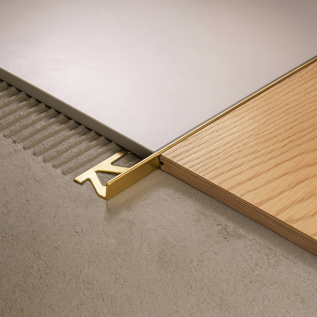 1½″ Tile Edge Trim – 8‑ft L‑Shape, Brushed Nickel/Black/Gold