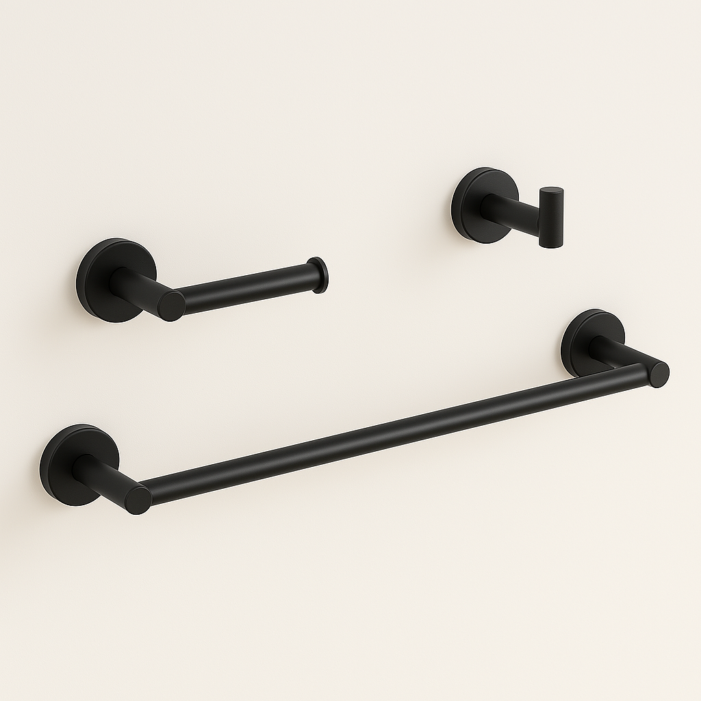 3-Piece Matte Black Round Bathroom Hardware Set – Bar + Hook + TP