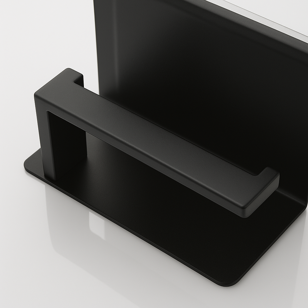 Modern Matte Black Toilet Paper Holder – Open Arm + Recessed Shelf