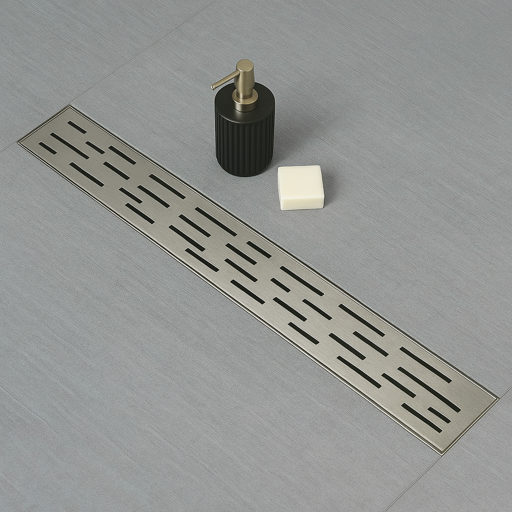 Architect Linear Shower Drain – 28" Linear Shower Drain with Leveling Feet, ABS Base Flange & LESSO Flush Bushing – Tile Insert & Grate Cover(UPC Certified)