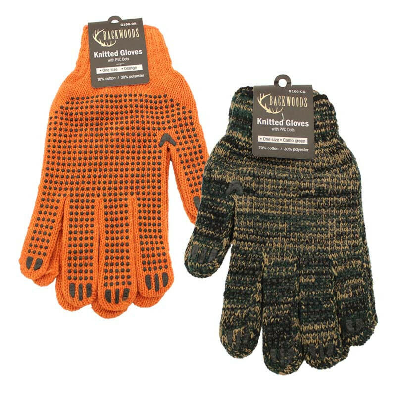 🍁Backwoods Knitted PVC Dotted Gloves One Size Fits All Camo Green & Orange