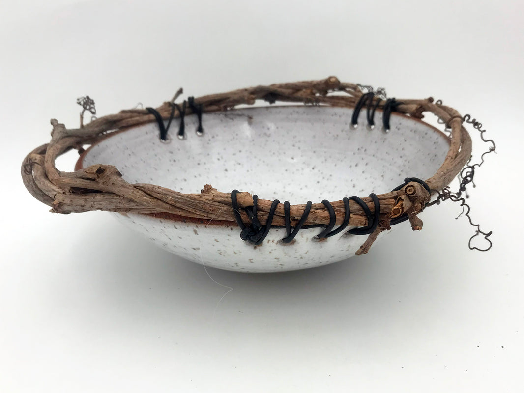 Ceramic and grapevine bowl 11" black leather cord - Debra Krakow