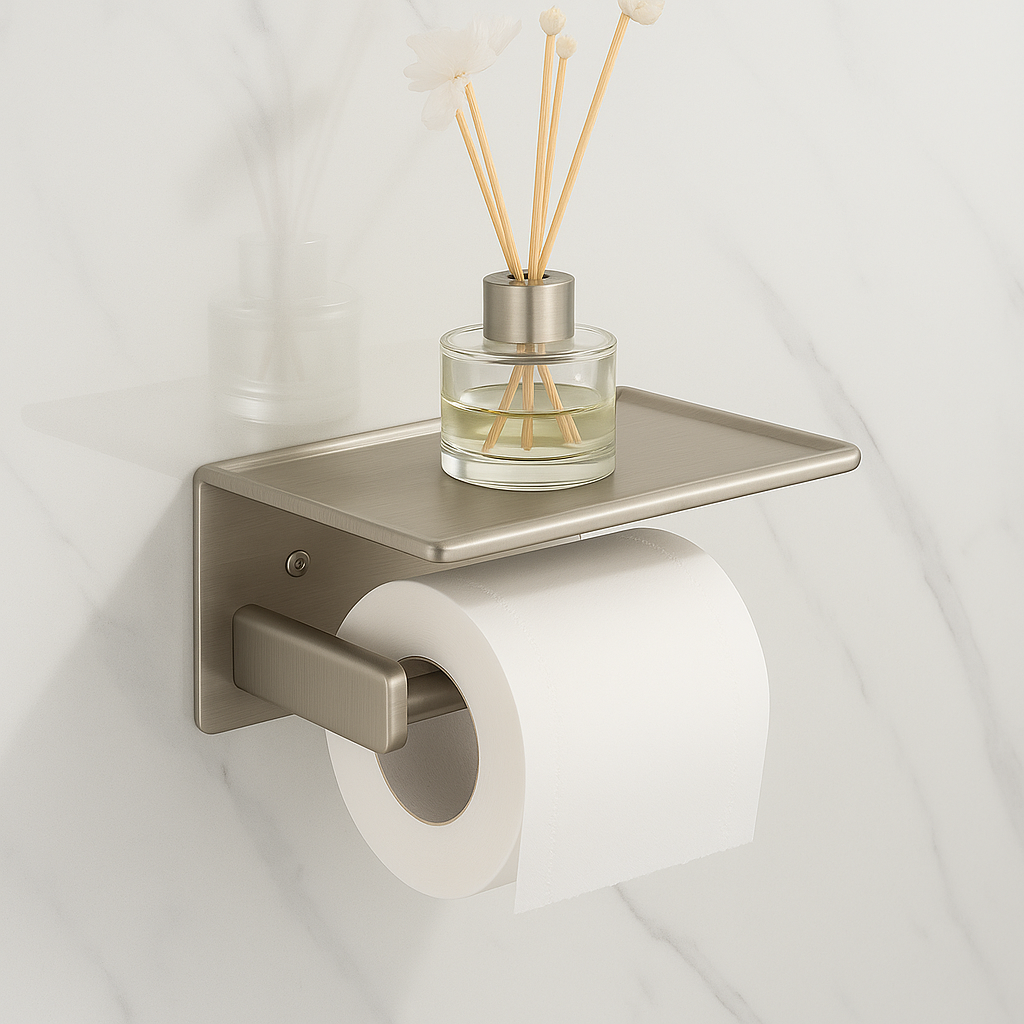 Modern Matte Black Toilet Paper Holder – Open Arm + Recessed Shelf