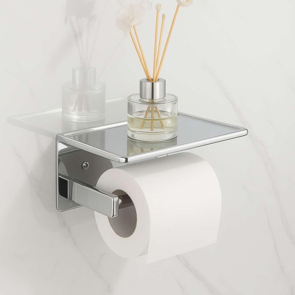Modern Matte Black Toilet Paper Holder – Open Arm + Recessed Shelf