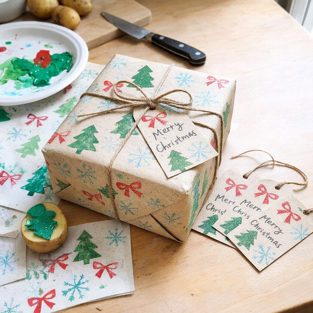 Potato Stamp Christmas Wrapping Paper and Tags