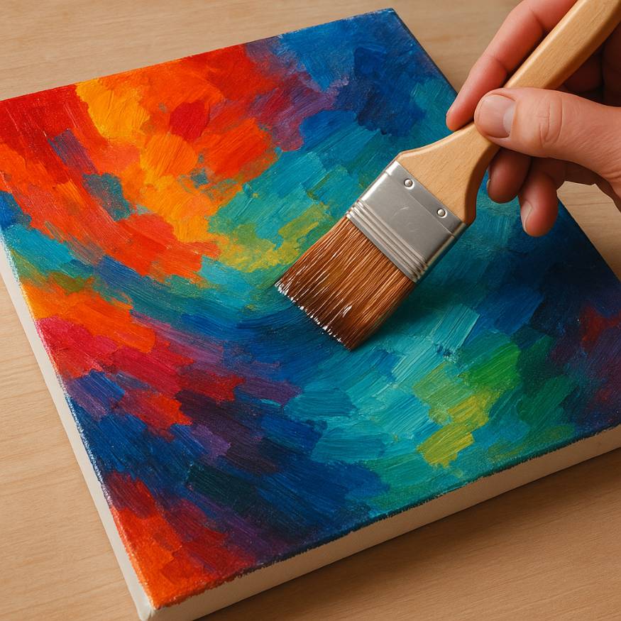 An acrylic painting that is being varnished with an acrylic varnish.