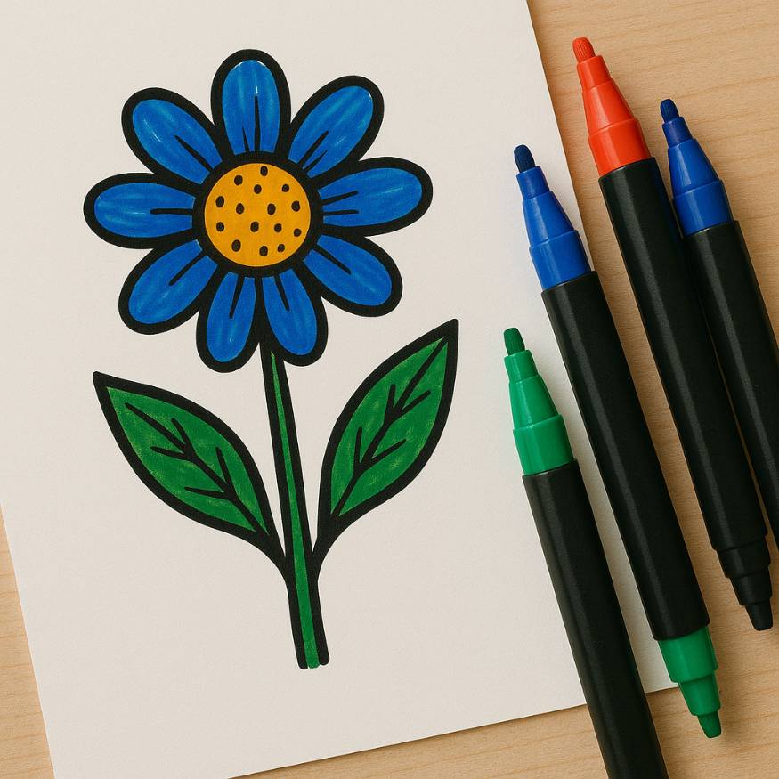Art Markers Near a drawing of a flower.