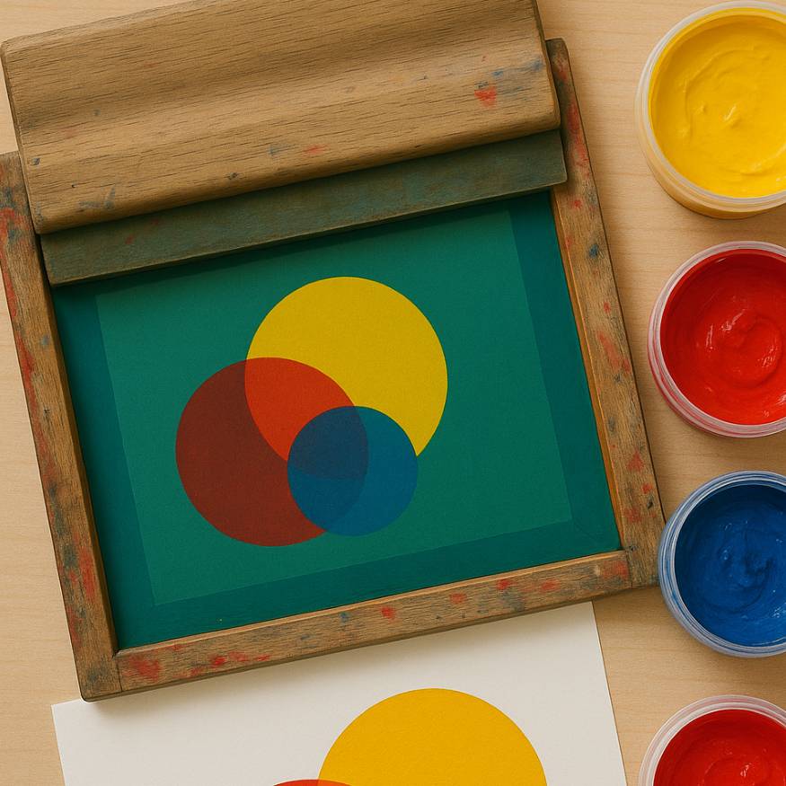 Silkscreen print with silkscreen supplies showing a screen a squeegee and inks, the design is a three clour print.