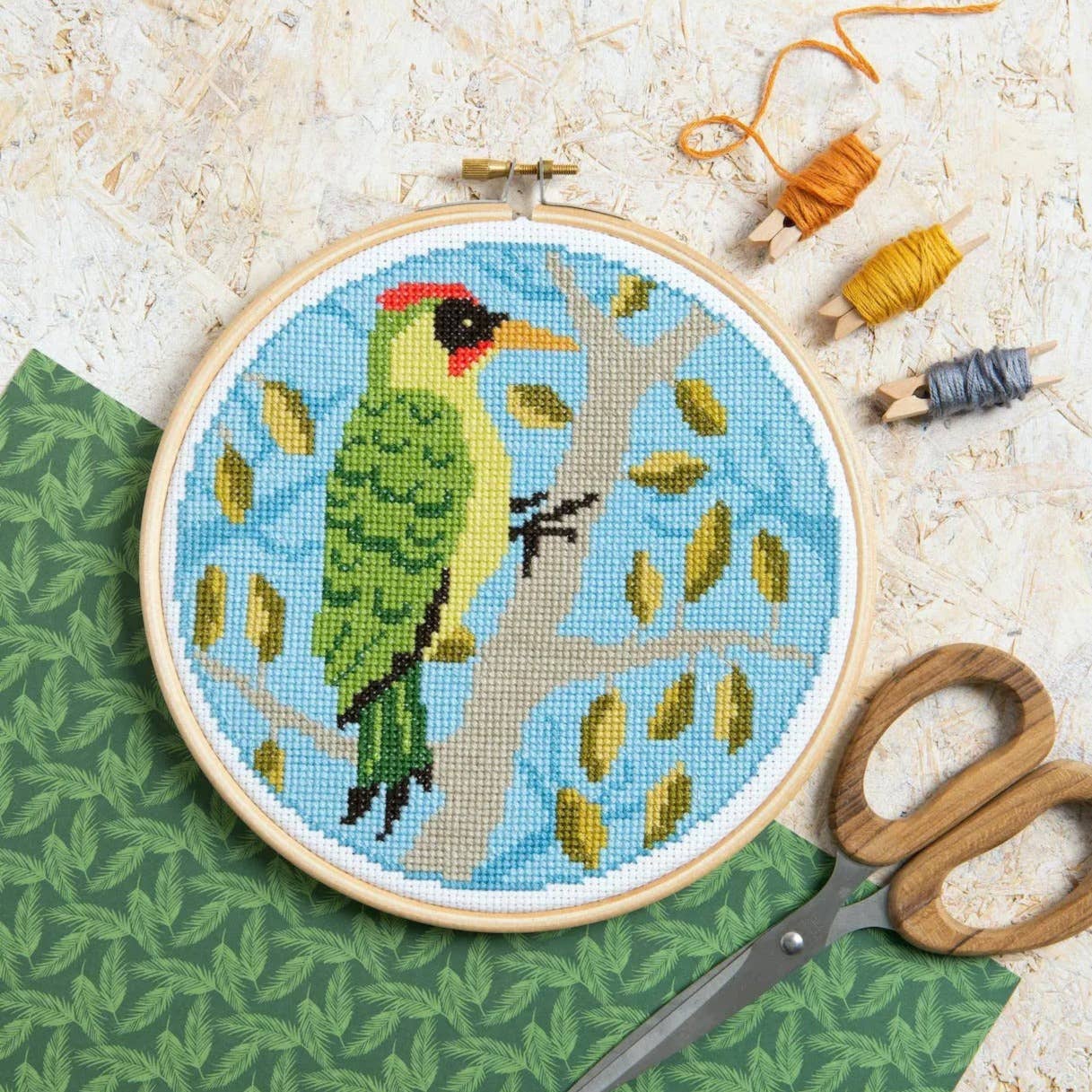 Green Woodpecker Cross Stitch Kit | Beginner Craft Kit