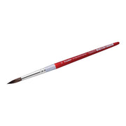 Red paintbrush with silver ferrule on a white background