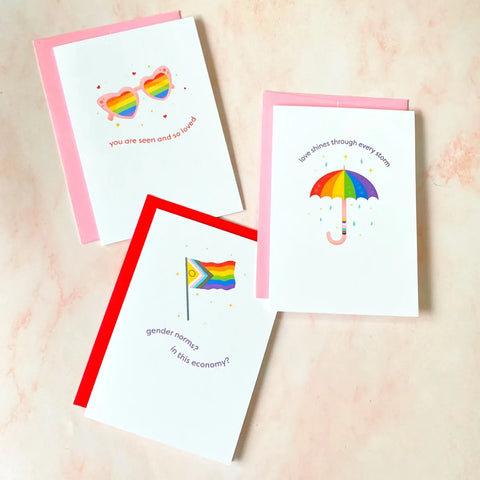  Gender Norms? In this Economy? | Pride Mini Greeting Card Cheeky Peach Designs Cards art-noise.myshopify.com gender-norms-in-this-economy-pride-mini-greeting-card