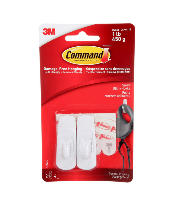 3M Command brand 2-pack of white adhesive utility hooks in their original red and white blister card packaging.