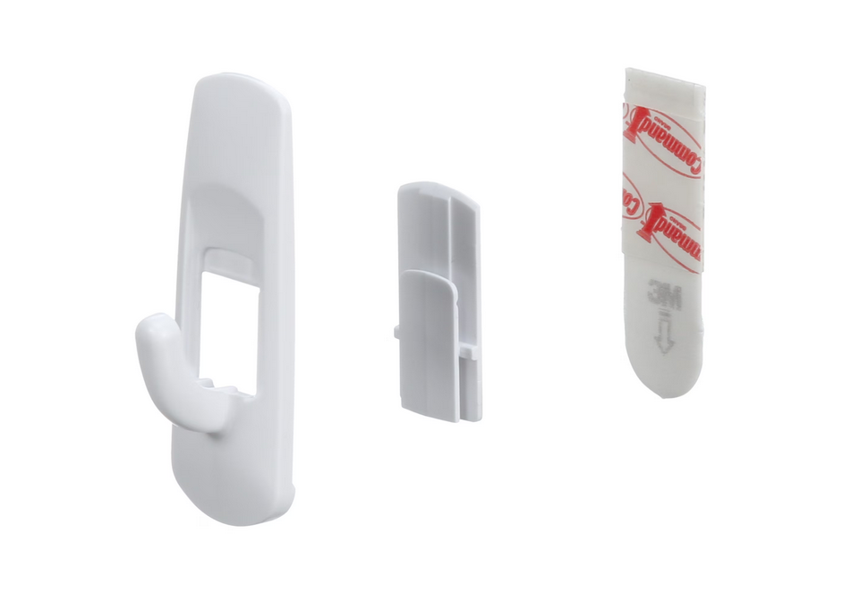 Three white plastic mounting hooks or wall hooks shown on a plain white background, including one larger hook with a hook-like extension, one smaller clip-like piece, and one adhesive backing with red branding.