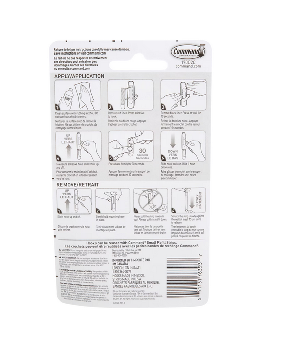 The back of a Command brand product card, showing application and removal instructions with diagrams, a barcode, and product details on a white background.