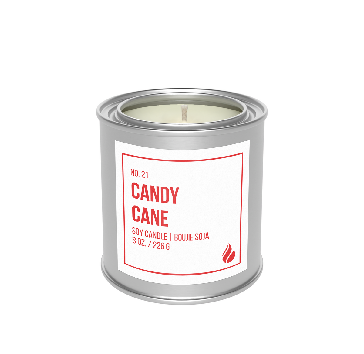 A silver metal tin candle with a white label reading 'CANDY CANE' in red text, shown on a plain white background.