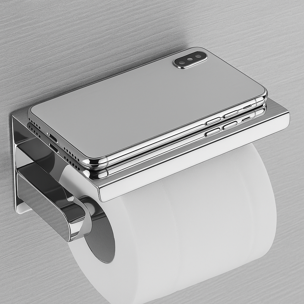 Studio Brushed Nickel Toilet Paper Holder – Shelf + Splash Guard