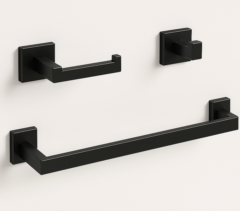 3-Piece Matte Black Bathroom Hardware Set – Towel Bar + Hook + TP