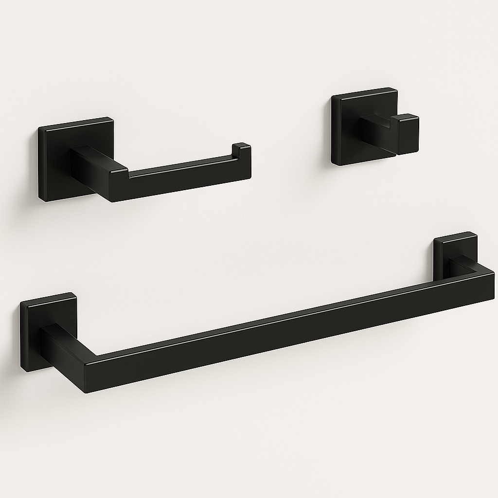 3-Piece Matte Black Bathroom Hardware Set – Towel Bar + Hook + TP