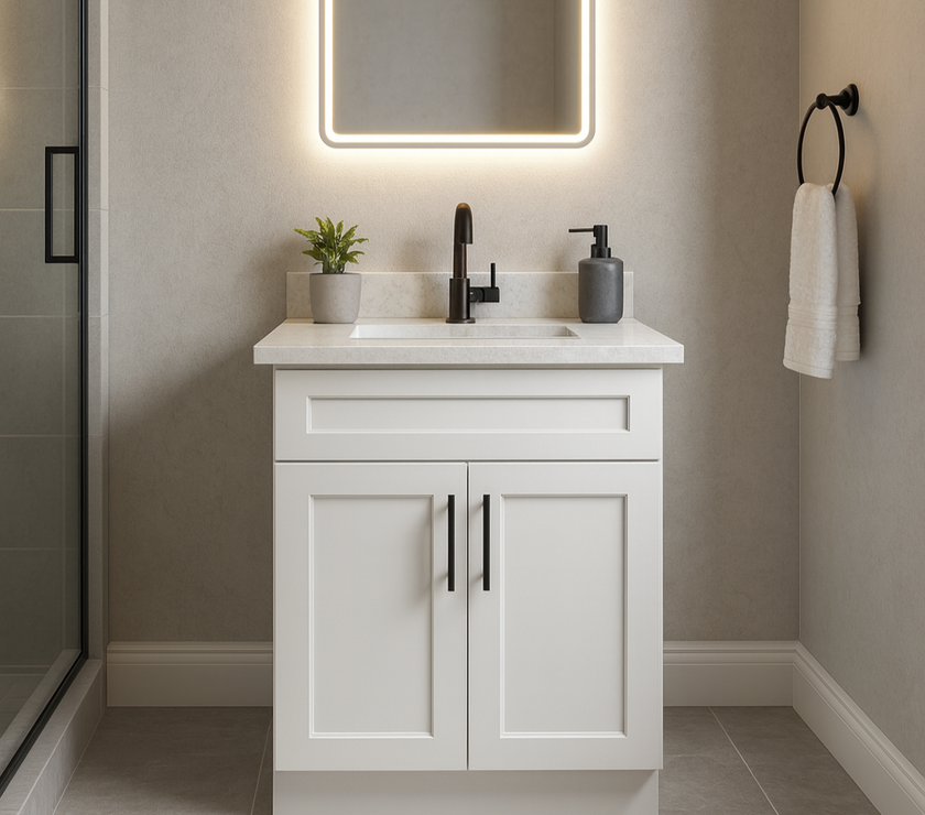 24-Inch Shaker Bathroom Vanity — White or Gray | Plywood Cabinet, Solid-Wood Doors, Soft-Close 3-Way Clip-On Hinges