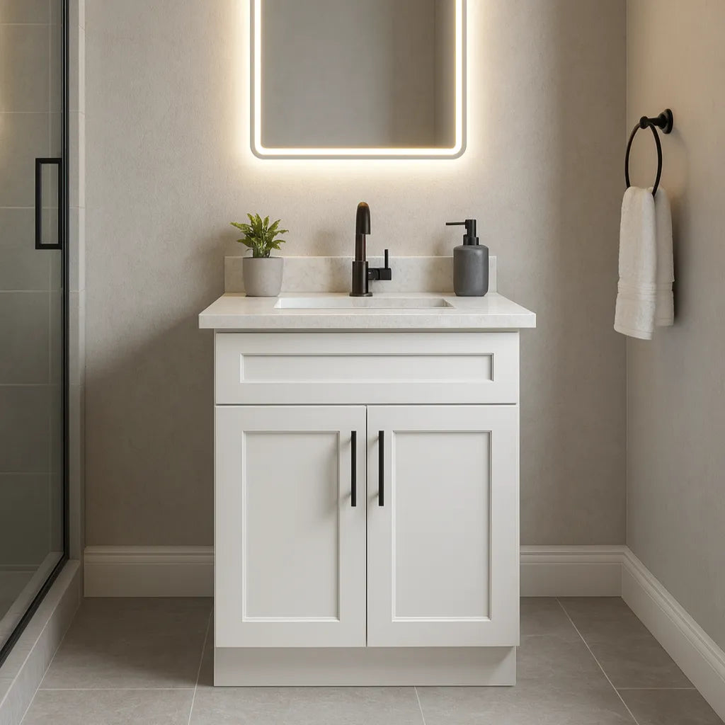  24-Inch Shaker Bathroom Vanity — White or Gray | Plywood Cabinet, Solid-Wood Doors, Soft-Close 3-Way Clip-On Hinges Good Day Building Supply Inc. Bathroom Vanity art-noise.myshopify.com 24-inch-shaker-bathroom-vanity-white-or-gray-plywood-cabinet-solid-wood-doors-soft-close-3-way-clip-on-hinges