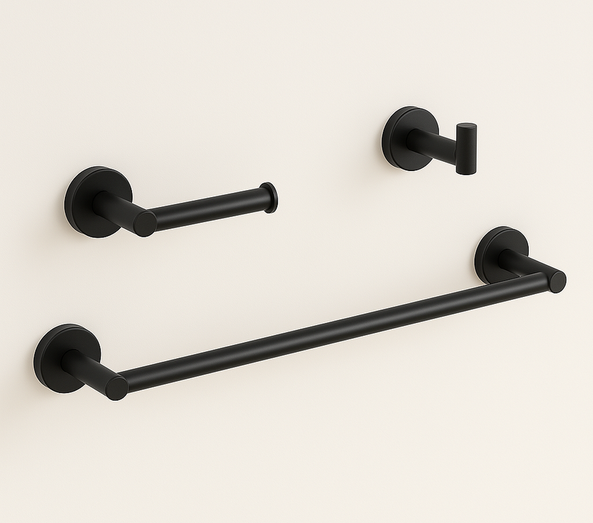 3-Piece Matte Black Round Bathroom Hardware Set – Bar + Hook + TP