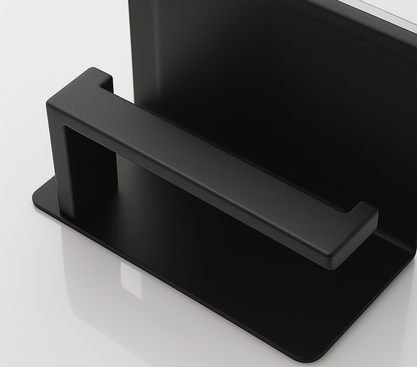 Modern Matte Black Toilet Paper Holder – Open Arm + Recessed Shelf