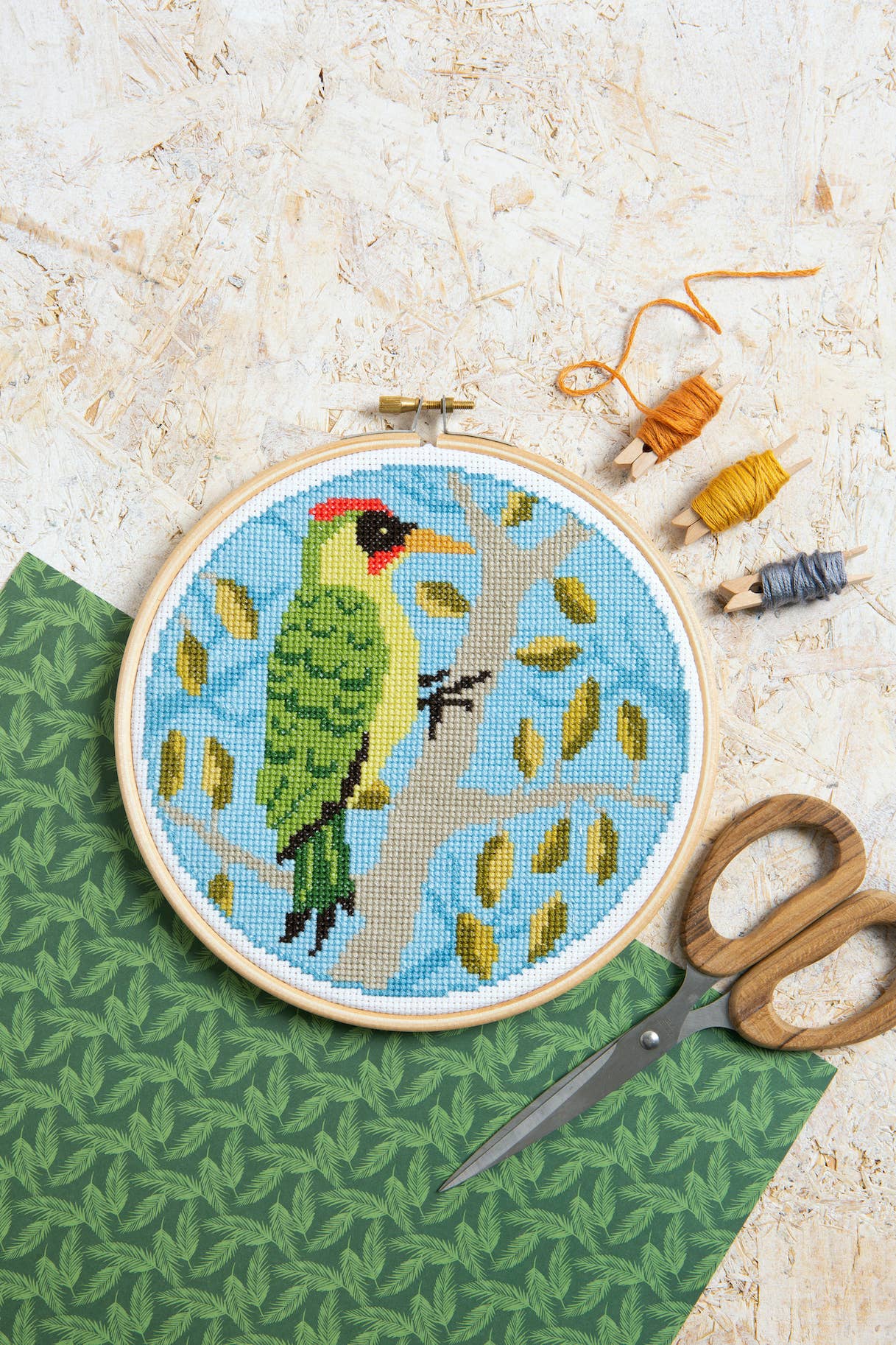 Green Woodpecker Cross Stitch Kit | Beginner Craft Kit