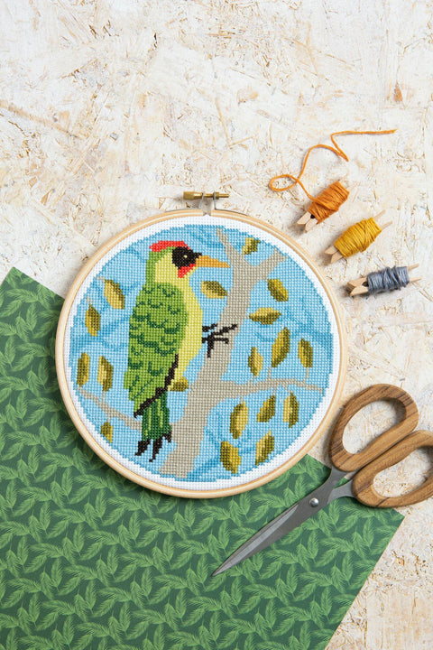 Green Woodpecker Cross Stitch Kit | Beginner Craft Kit