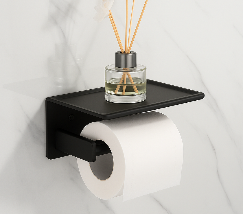 Modern Matte Black Toilet Paper Holder – Open Arm + Recessed Shelf