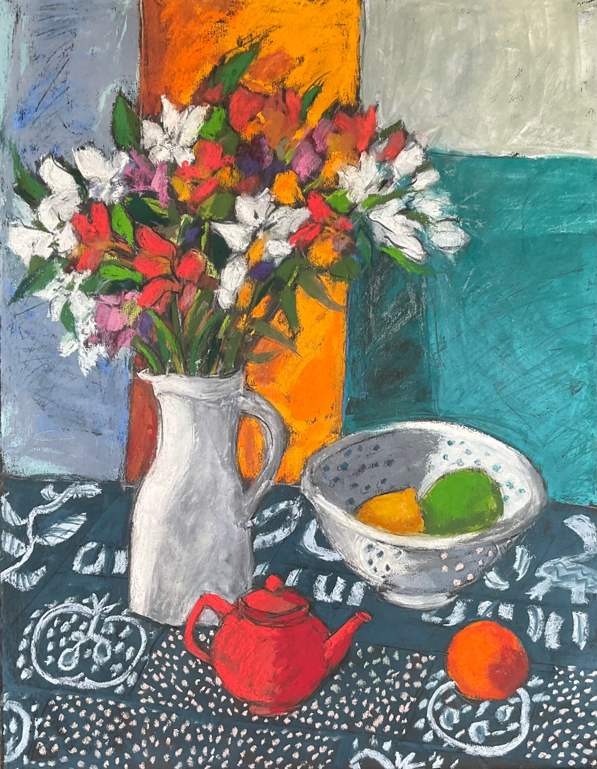 Margaret Hughes: Alstromeras with colander and red teapot