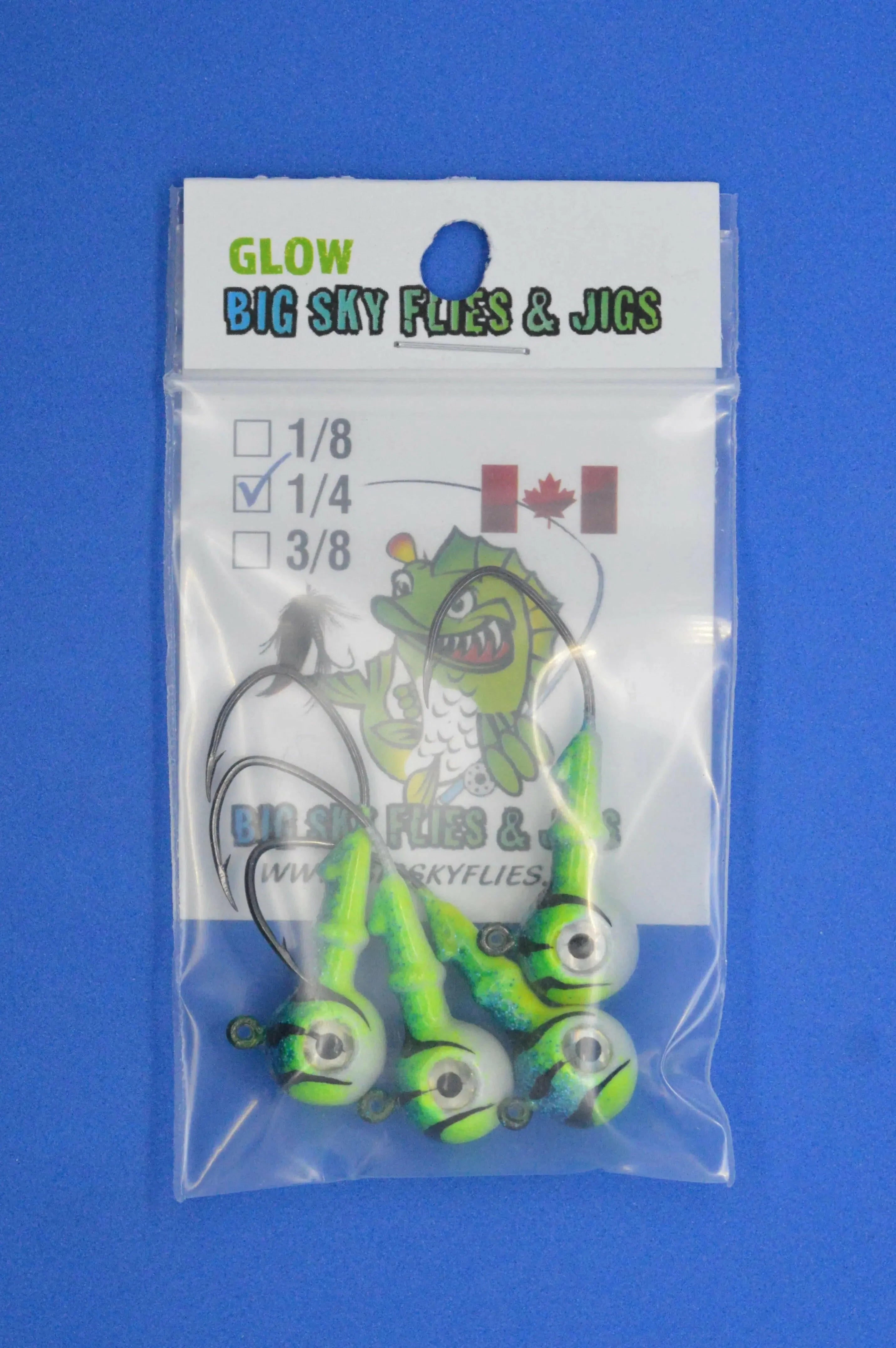  🍁Big Sky Mean Machine 1/4oz Glow Jig Heads 4/pack Stony Tackle Shack Fishing Hooks art-noise.myshopify.com big-sky-mean-machine-1-4oz-glow-jig-heads-4-pack-2