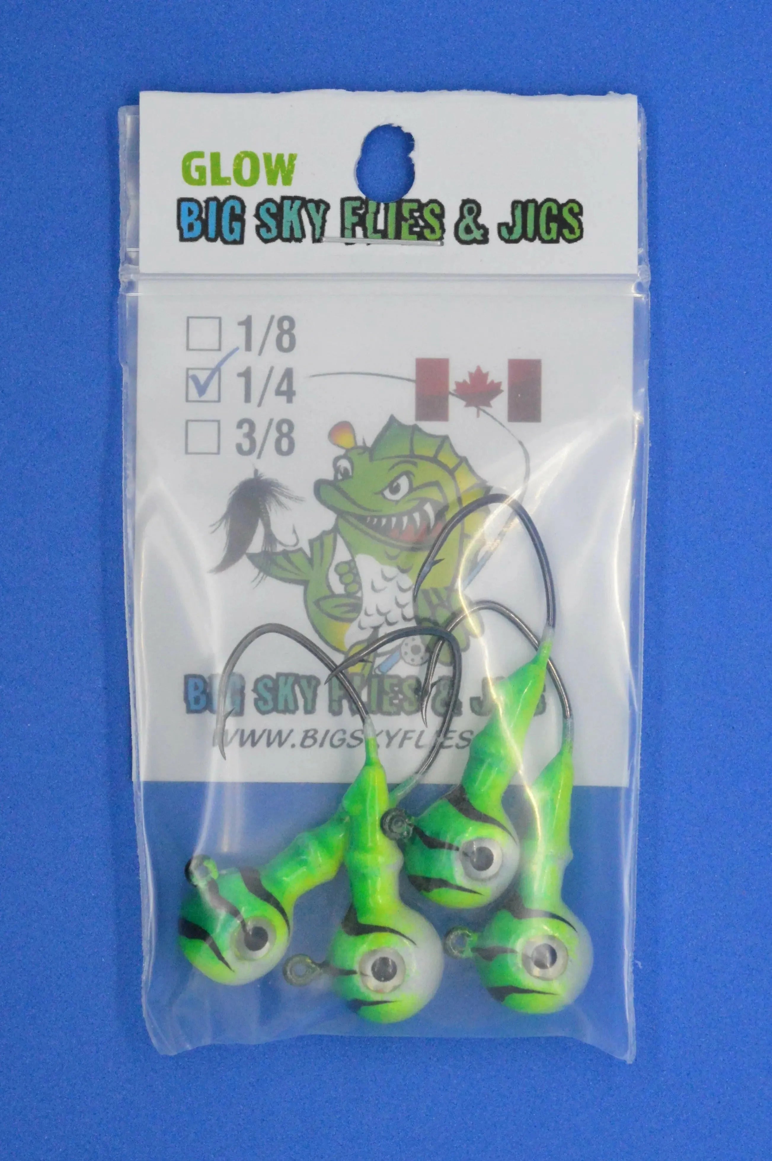  🍁Big Sky Mean Machine 1/4oz Glow Jig Heads 4/pack Stony Tackle Shack Fishing Hooks art-noise.myshopify.com big-sky-mean-machine-1-4oz-glow-jig-heads-4-pack-2