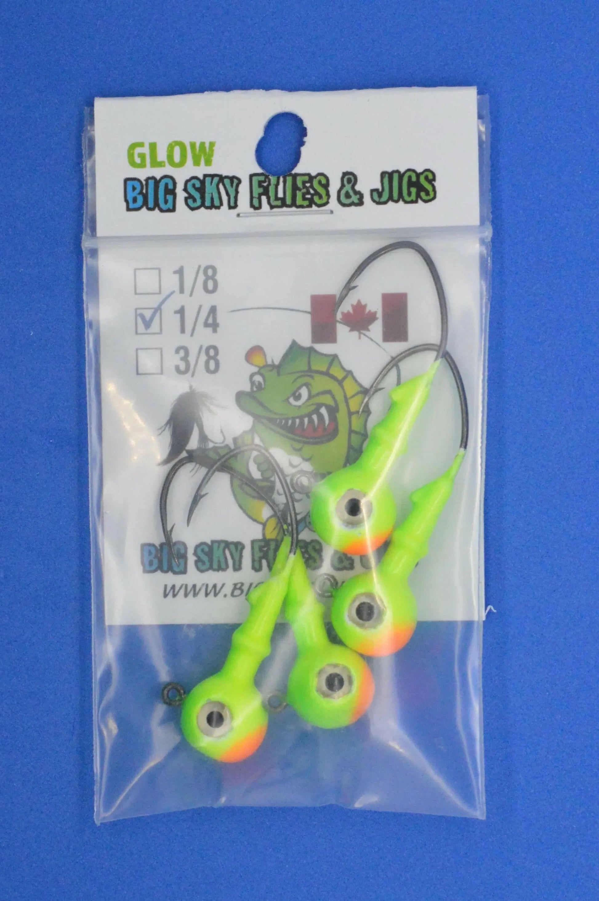  🍁Big Sky Mean Machine 1/4oz Glow Jig Heads 4/pack Stony Tackle Shack Fishing Hooks art-noise.myshopify.com big-sky-mean-machine-1-4oz-glow-jig-heads-4-pack-2