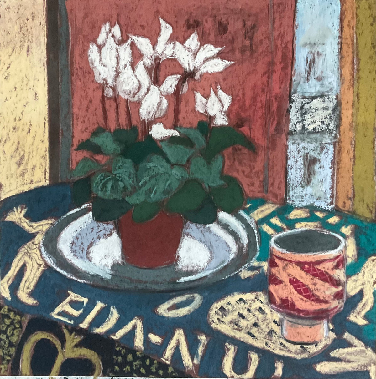 Margaret Hughes: Cyclamen in window with African cloth