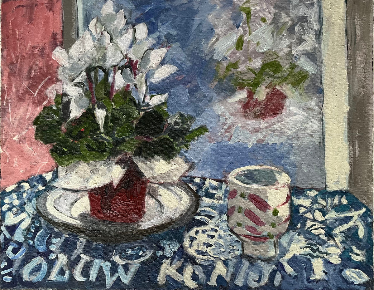 Margaret Hughes: Cyclamen in window with reflection.