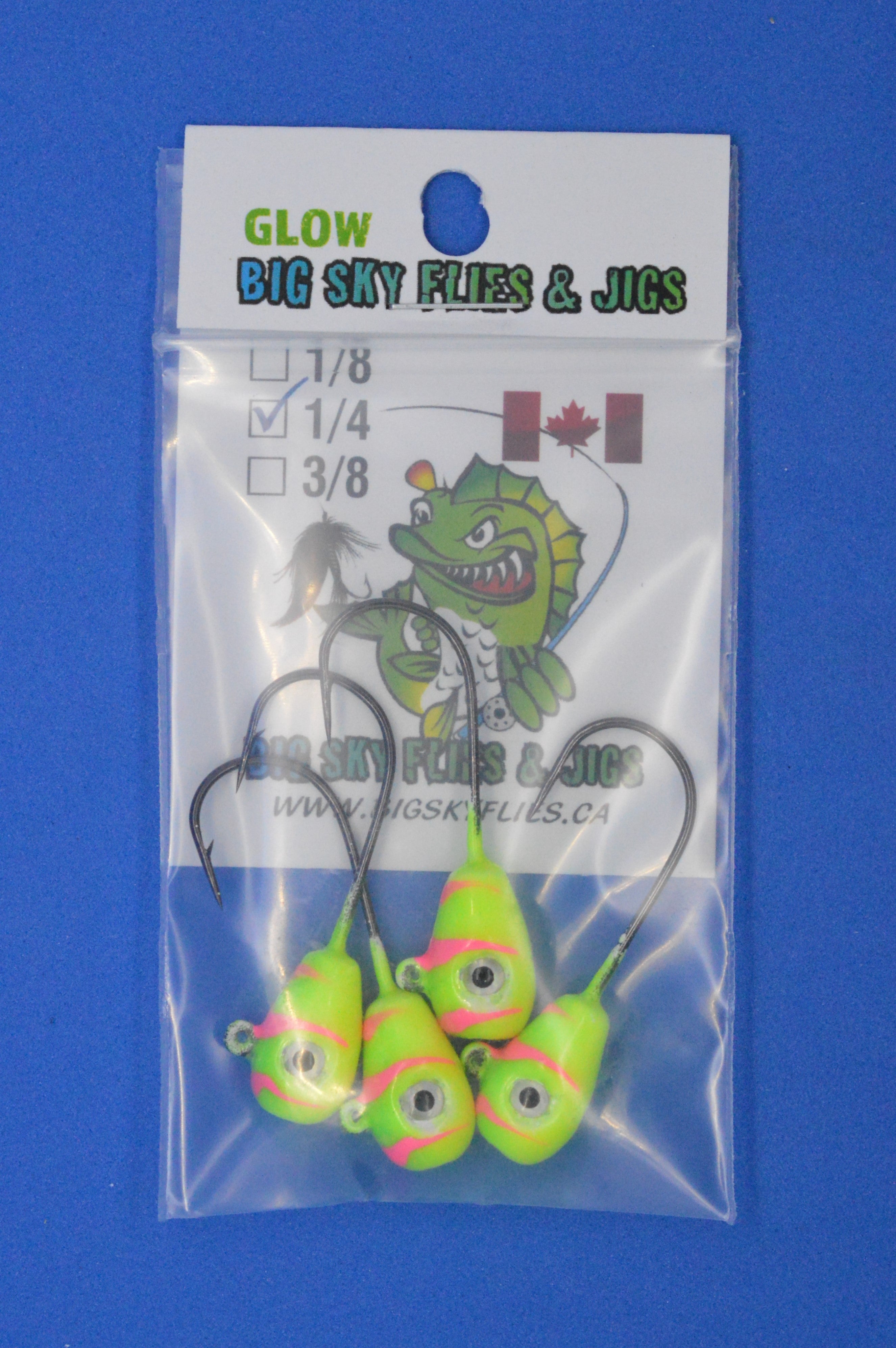 🍁Big Sky Deluxe KnockOut 1/4oz Glow Jigs 4/pack Stony Tackle Shack Fishing Hooks art-noise.myshopify.com big-sky-deluxe-knockout-1-4oz-glow-jigs-4-pack-2