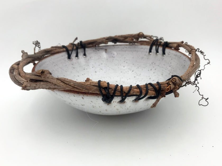 Ceramic and grapevine bowl 11" black leather cord - Debra Krakow