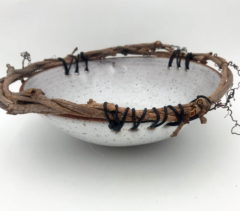 Ceramic and grapevine bowl 11" black leather cord - Debra Krakow