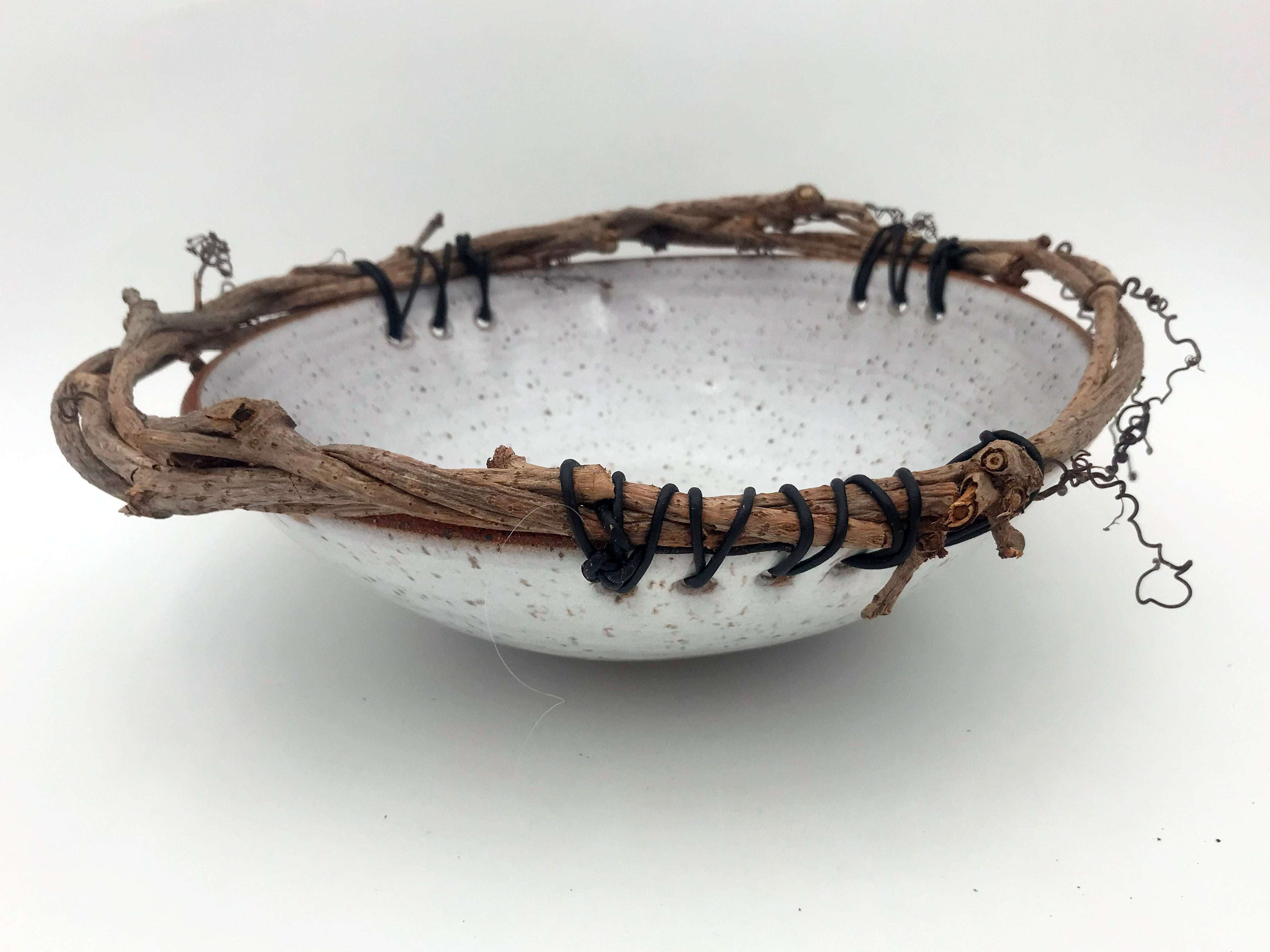 Ceramic and grapevine bowl 11" black leather cord - Debra Krakow
