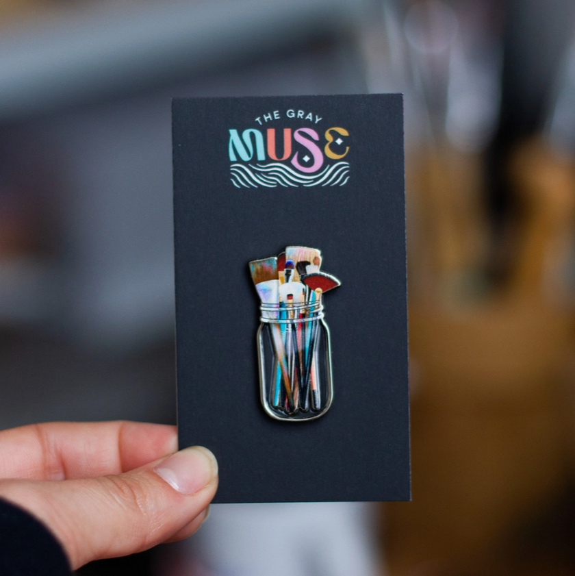 The Gray Muse Paint Brushes in Clear Jar Enamel Pin - Art Noise