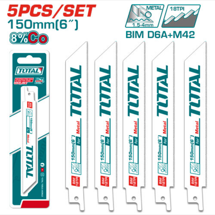 Total Tools - 5PCSX6"  Reciprocating saw blades for metal set Total Tools product_type art-noise.myshopify.com total-tools-5pcsx6-reciprocating-saw-blades-for-metal-set