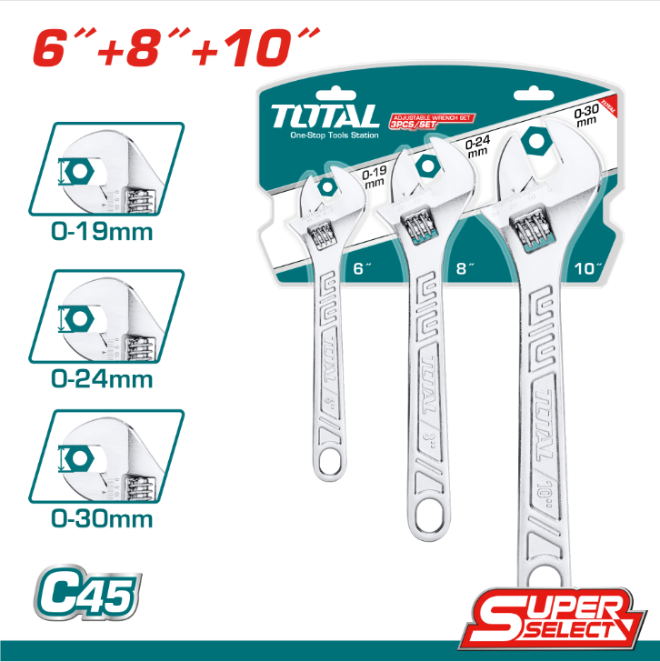 Total Tools - 3 Pcs adjustable wrench set (6"+8"+10")