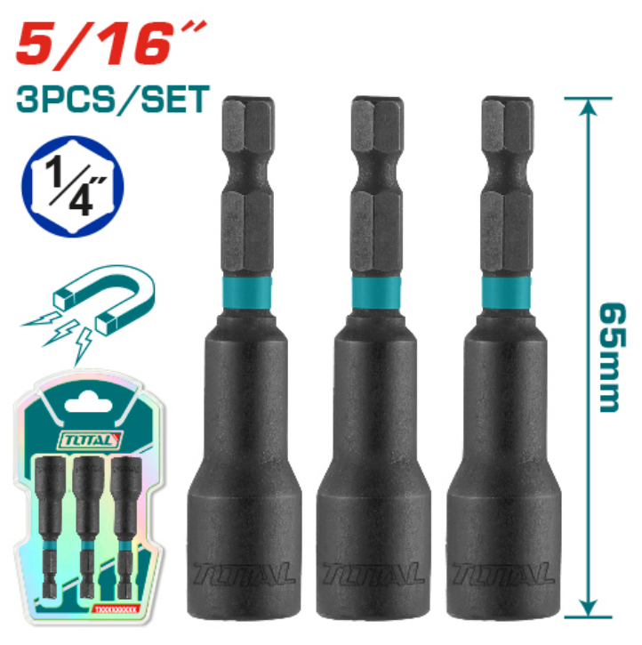 Total Tools - 3 Pcs 5/16"X2-9/16" Impact Magnetic Nutsetter