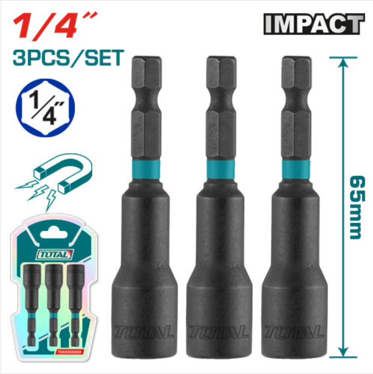Total Tools - 3 Pcs 1/4"X2-9/16" Impact Magnetic Nutsetter