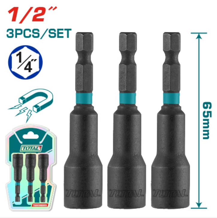 Total Tools - 3 Pcs 1/2"X2-9/16" impact magnetic nutsetter