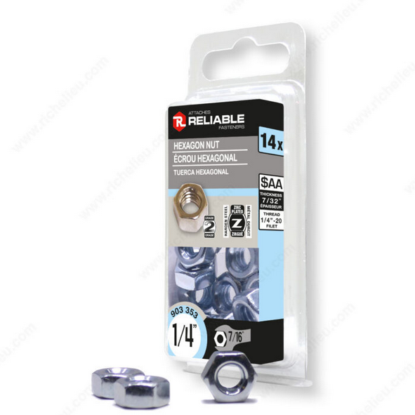 Reliable - Hex Nut - Zinc  - 1/4 in