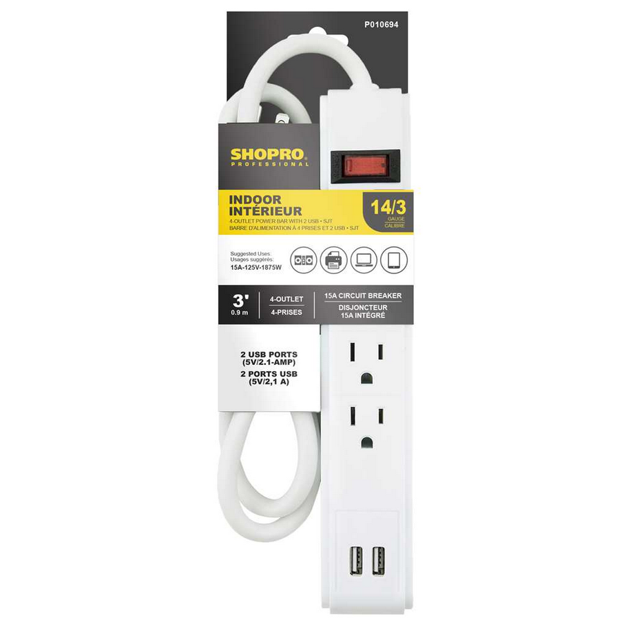 SHOPRO - 4-OUTLET 2 USB POWER BAR