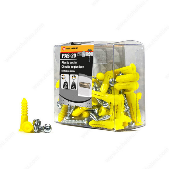 Reliable - Plastic Anchors - 3/16 in - Yellow - Box of 50