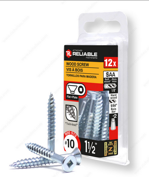 Reliable - Wood Screw, Flat Head, Regular Thread, Regular Wood Point - #10 - 1 1/2 in